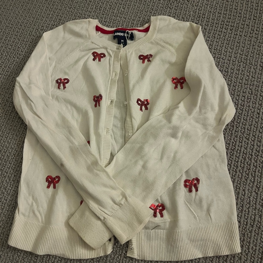 Lands' End Kids Ivory Sweater with Red Bow Details